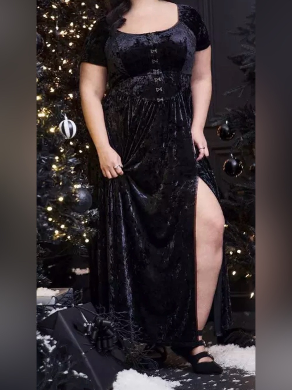 Torrid Nightfall Hook and Eye Velour Maxi Dress with Side Slit - Black